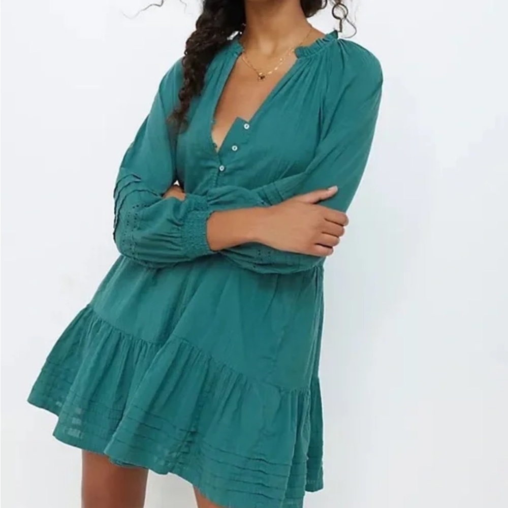 Anthropologie Teal Button-Front Peasant Tiered Mini Dress